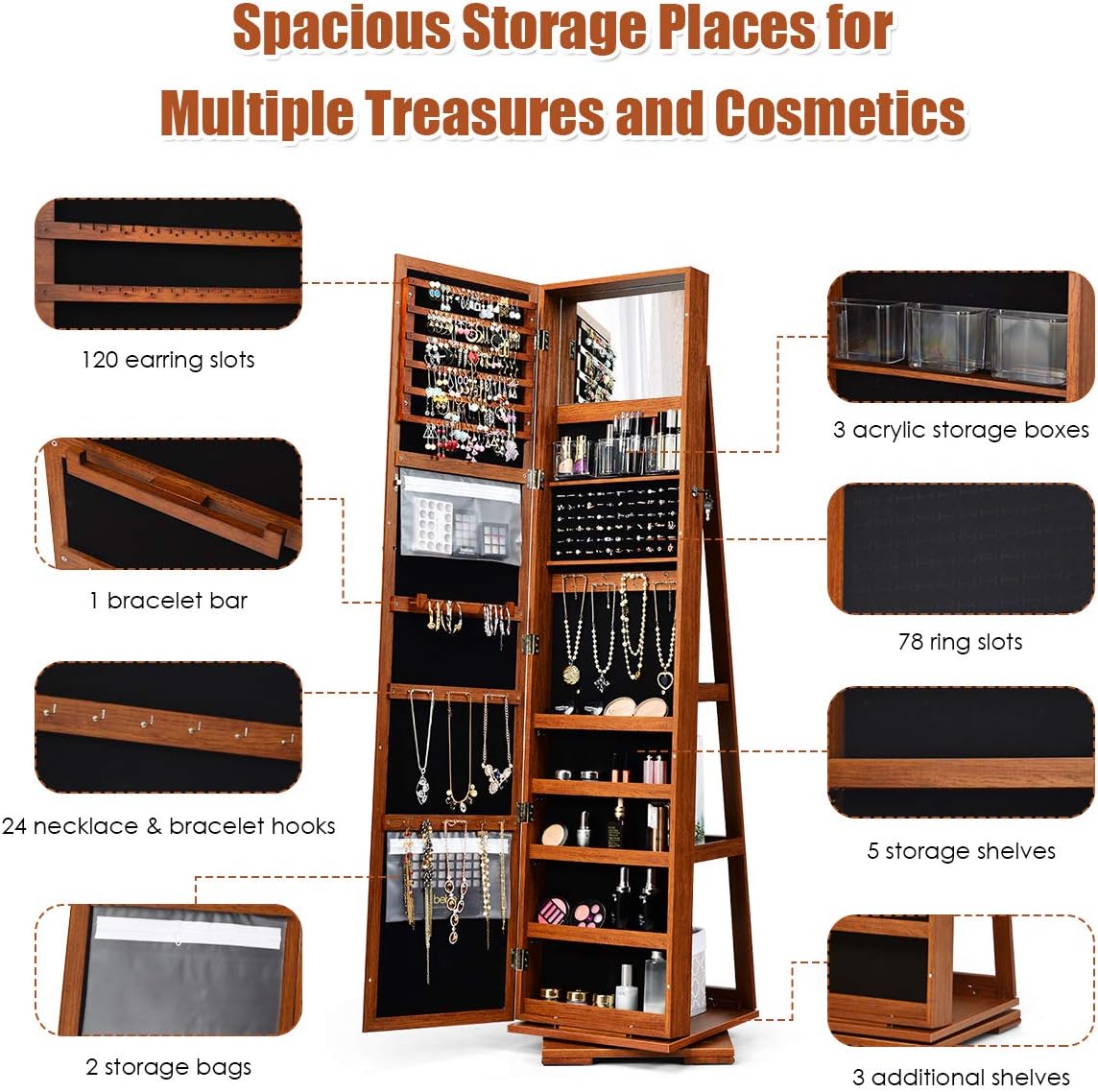 3-in-1 Freestanding Lockable Jewelry Armoire 360° Swivel Mirrored Jewelry Cabinet Organizer with Full Length Mirror and Large Storage Capacity