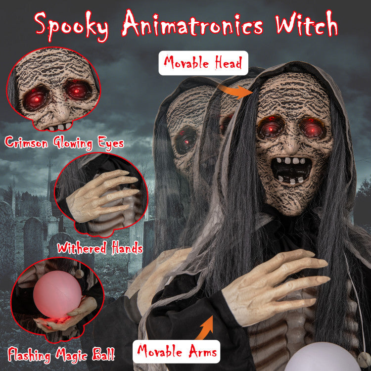 Halloween Animatronics Standing Witch with Light Up Eyes and Magical Ball