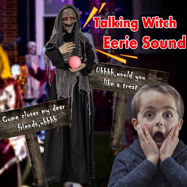 Halloween Animatronics Standing Witch with Light Up Eyes and Magical Ball