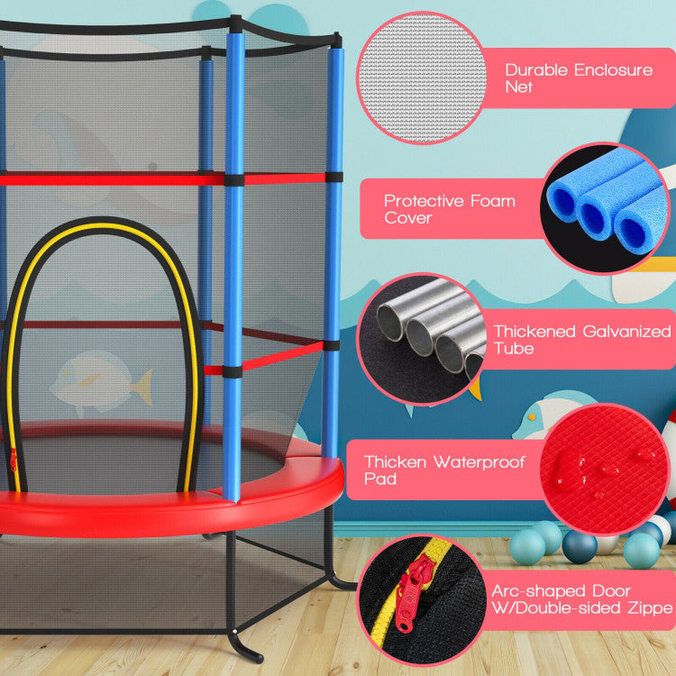 55 Inch Kids Recreational Trampoline Toddler Heavy Duty Frame Round Bouncing Jumping Mat with Enclosure Net Safety Pad