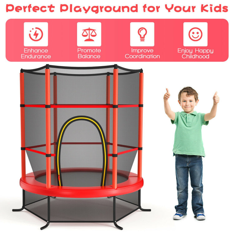 55 Inch Kids Recreational Trampoline Toddler Heavy Duty Frame Round Bouncing Jumping Mat with Enclosure Net Safety Pad