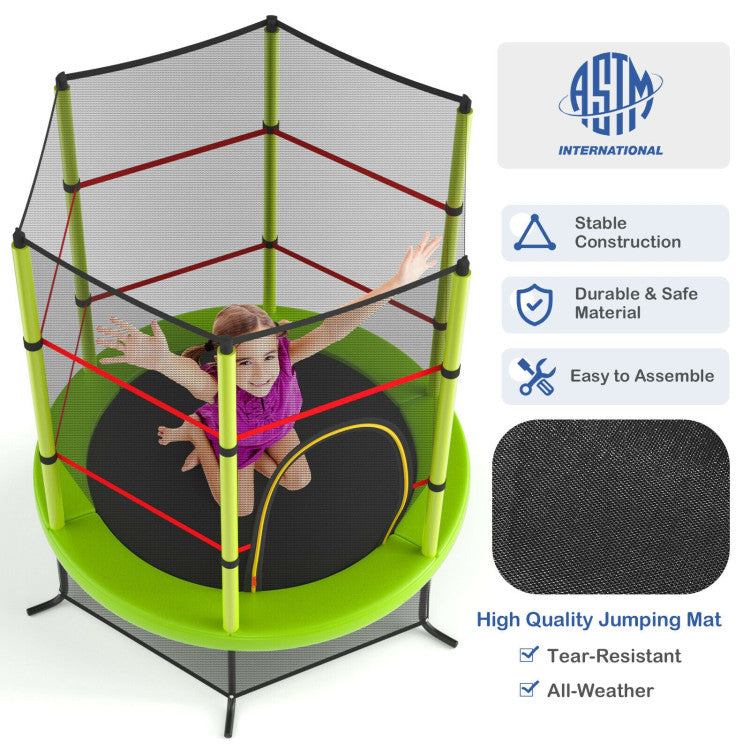 55 Inch Kids Recreational Trampoline Toddler Heavy Duty Frame Round Bouncing Jumping Mat with Enclosure Net Safety Pad