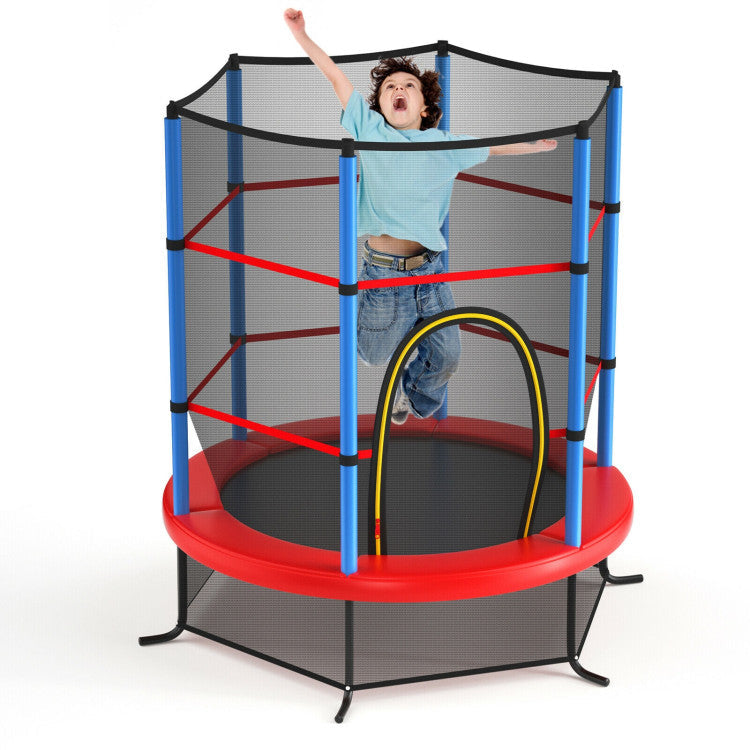 55 Inch Kids Recreational Trampoline Toddler Heavy Duty Frame Round Bouncing Jumping Mat with Enclosure Net Safety Pad