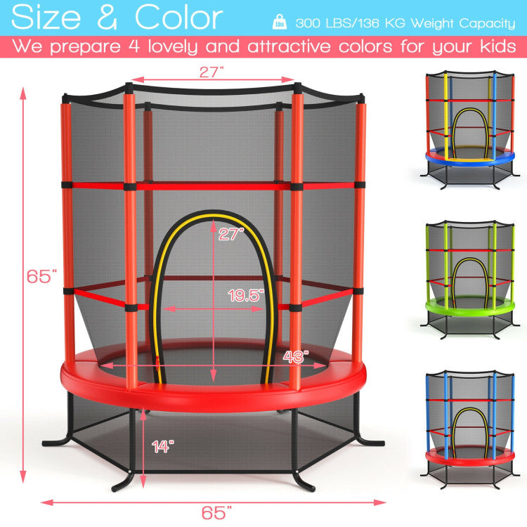 55 Inch Kids Recreational Trampoline Toddler Heavy Duty Frame Round Bouncing Jumping Mat with Enclosure Net Safety Pad
