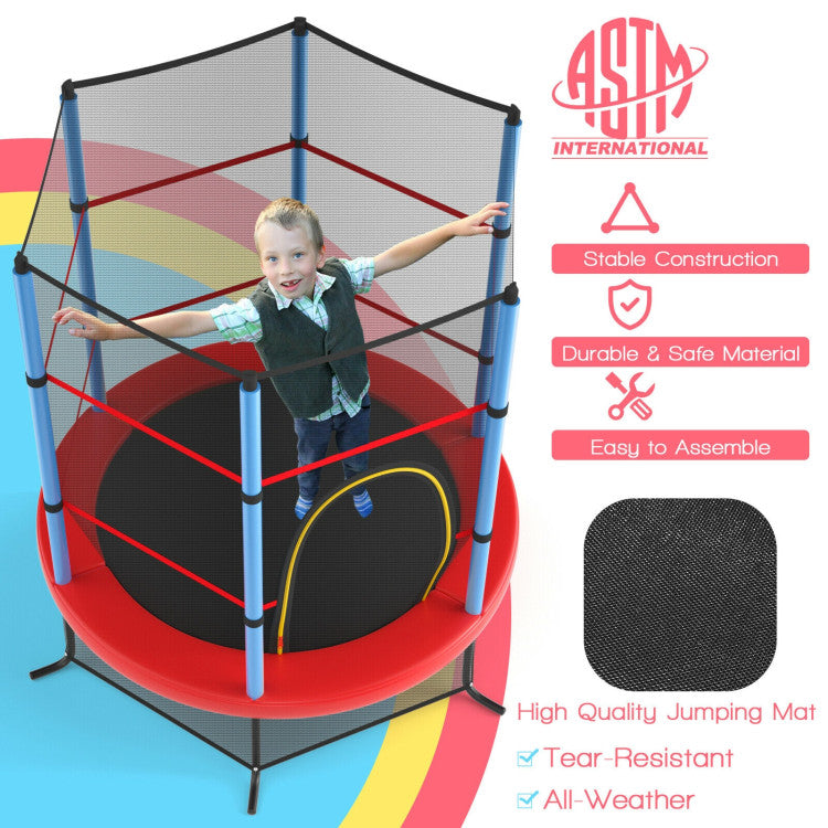 55 Inch Kids Recreational Trampoline Toddler Heavy Duty Frame Round Bouncing Jumping Mat with Enclosure Net Safety Pad