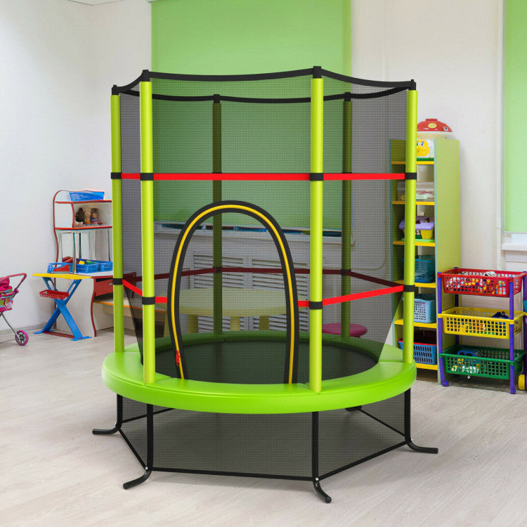 55 Inch Kids Recreational Trampoline Toddler Heavy Duty Frame Round Bouncing Jumping Mat with Enclosure Net Safety Pad