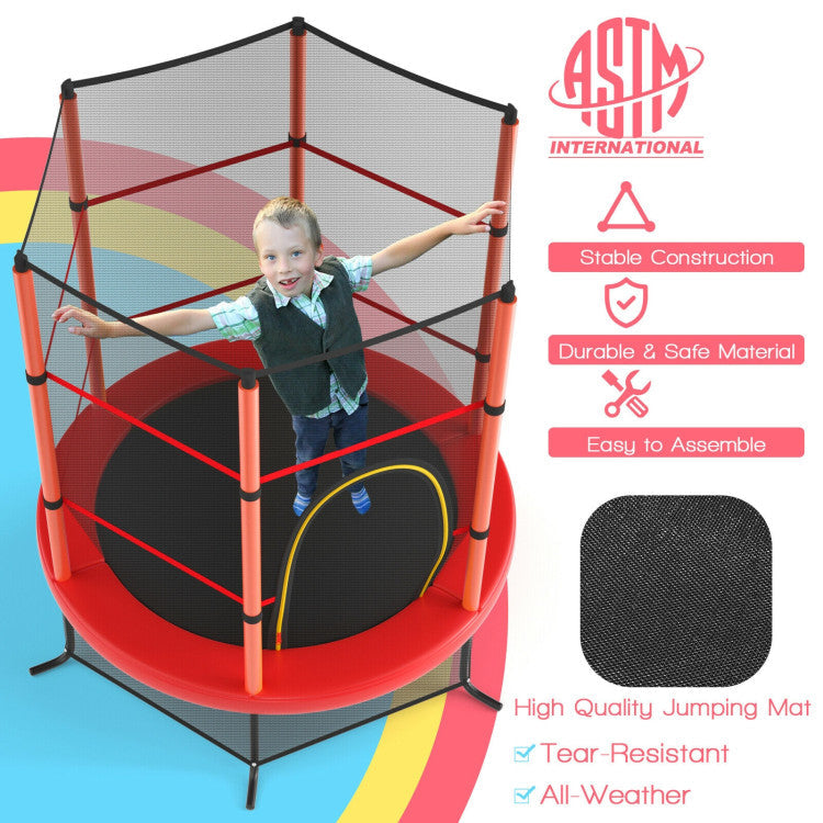 55 Inch Kids Recreational Trampoline Toddler Heavy Duty Frame Round Bouncing Jumping Mat with Enclosure Net Safety Pad