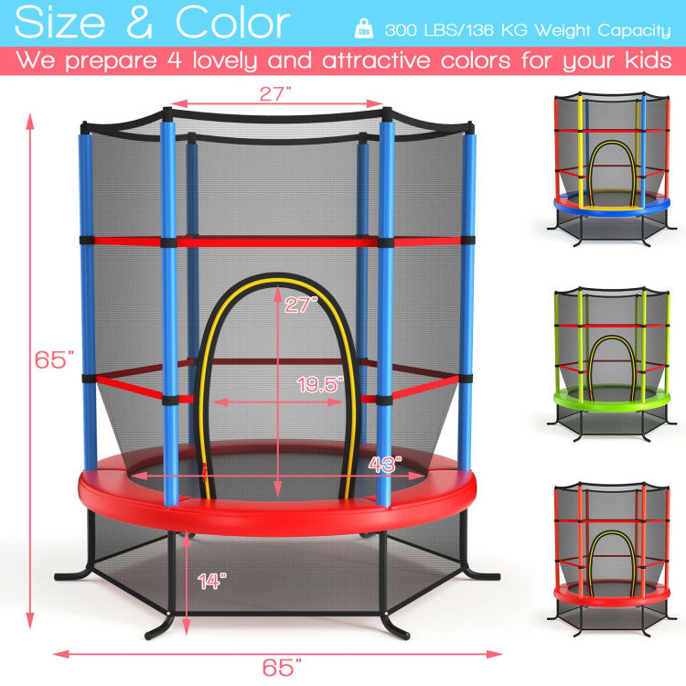 55 Inch Kids Recreational Trampoline Toddler Heavy Duty Frame Round Bouncing Jumping Mat with Enclosure Net Safety Pad
