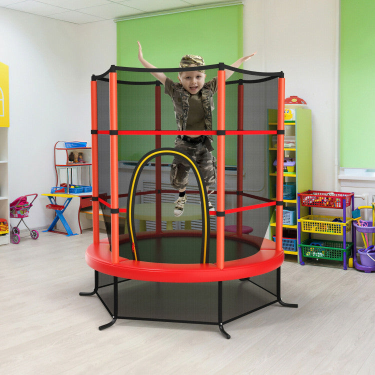 55 Inch Kids Recreational Trampoline Toddler Heavy Duty Frame Round Bouncing Jumping Mat with Enclosure Net Safety Pad