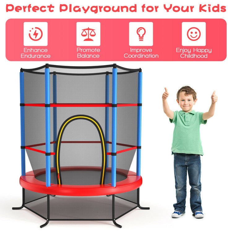 55 Inch Kids Recreational Trampoline Toddler Heavy Duty Frame Round Bouncing Jumping Mat with Enclosure Net Safety Pad