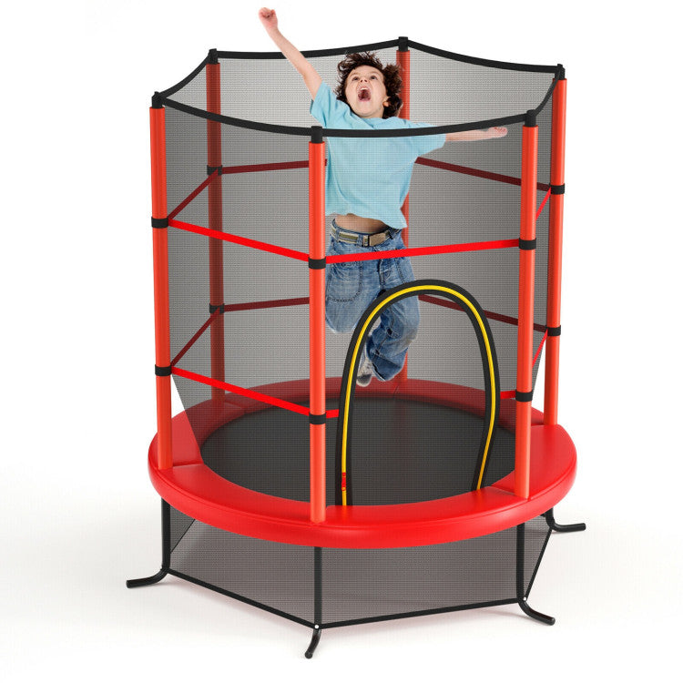 55 Inch Kids Recreational Trampoline Toddler Heavy Duty Frame Round Bouncing Jumping Mat with Enclosure Net Safety Pad