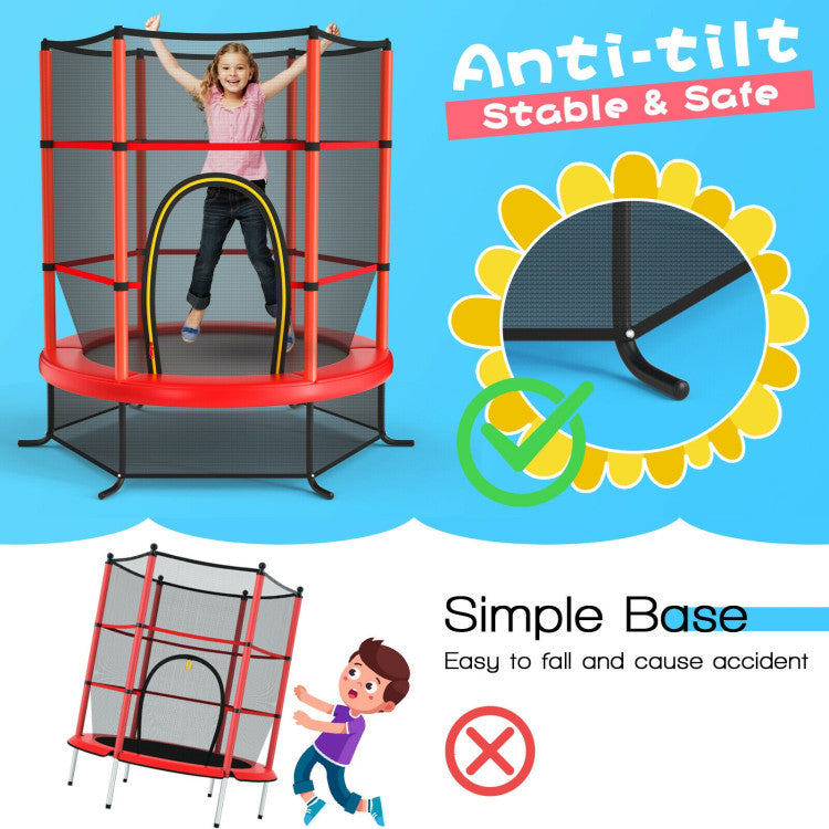 55 Inch Kids Recreational Trampoline Toddler Heavy Duty Frame Round Bouncing Jumping Mat with Enclosure Net Safety Pad