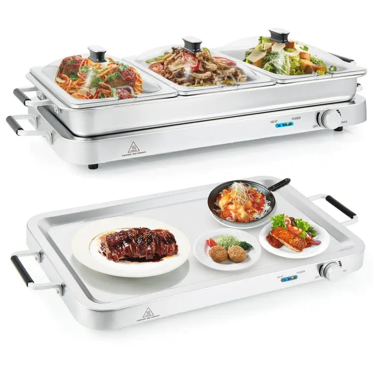 2-in-1 Electric Warming Tray with Temperature Control, 8 Quart Food Warmer with Stainless Steel Trays for Buffet and Parties