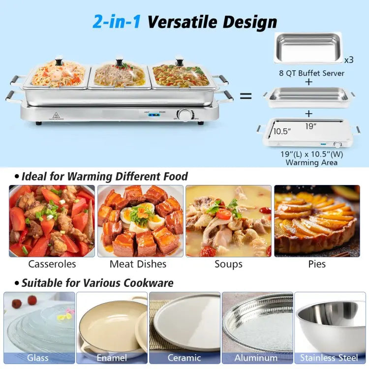 2-in-1 Electric Warming Tray with Temperature Control, 8 Quart Food Warmer with Stainless Steel Trays for Buffet and Parties