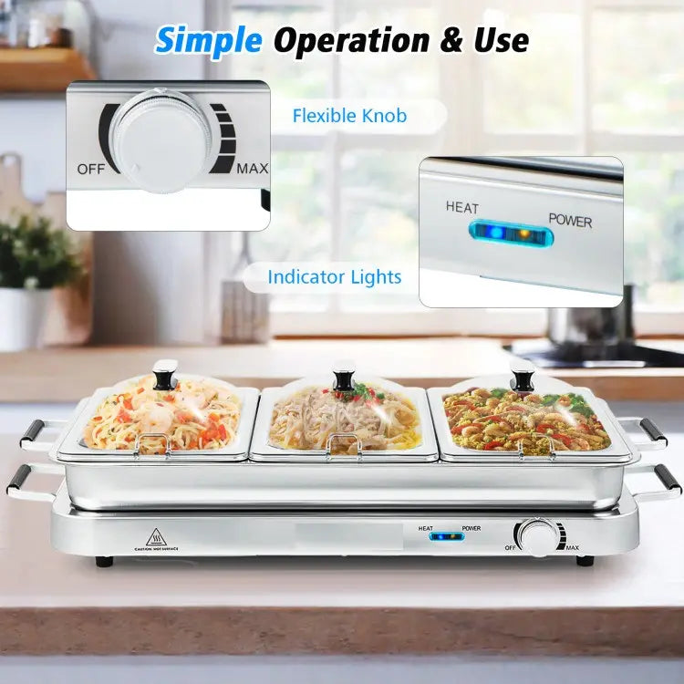 2-in-1 Electric Warming Tray with Temperature Control, 8 Quart Food Warmer with Stainless Steel Trays for Buffet and Parties